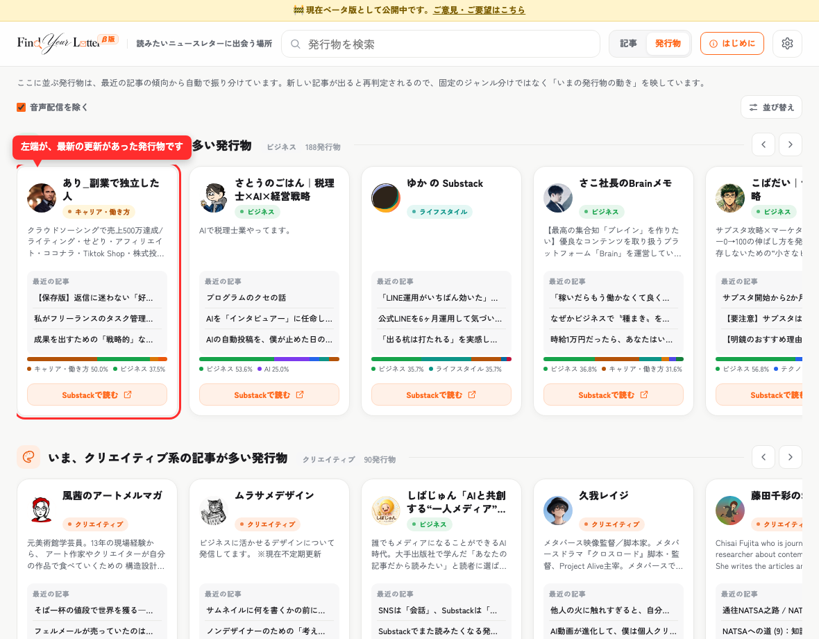 発行物ビューの画面。カテゴリごとの棚に発行物カードが並ぶ